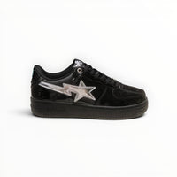 A Bathing Ape BAPE STA men's low-top sneakers in Black Patent/Silver, side view