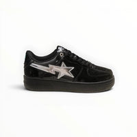 A Bathing Ape BAPE STA men's low-top sneakers in Black Patent/Silver, side view