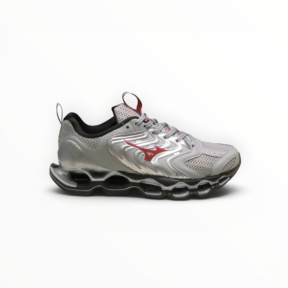 WSS Sports Shoes Mizuno Wave Prophecy 14S womens running shoe in white and red with signature Infinity Wave plate sole.