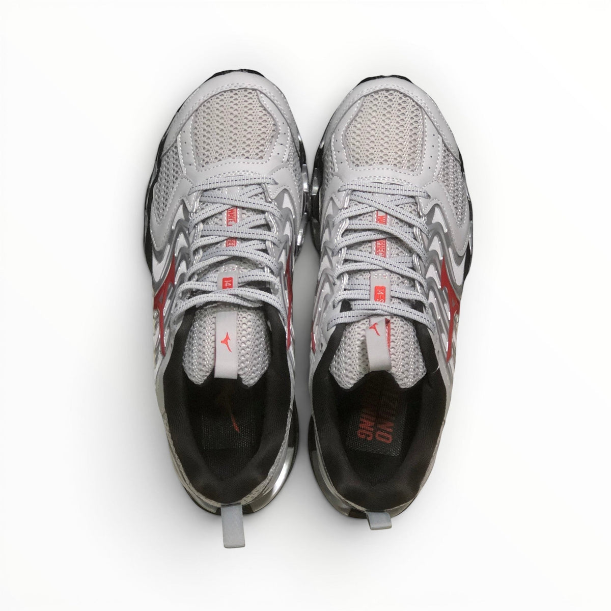 WSS Sports Shoes Mizuno Wave Prophecy 14S womens running shoes in white and red with breathable mesh and Infinity Wave plate.