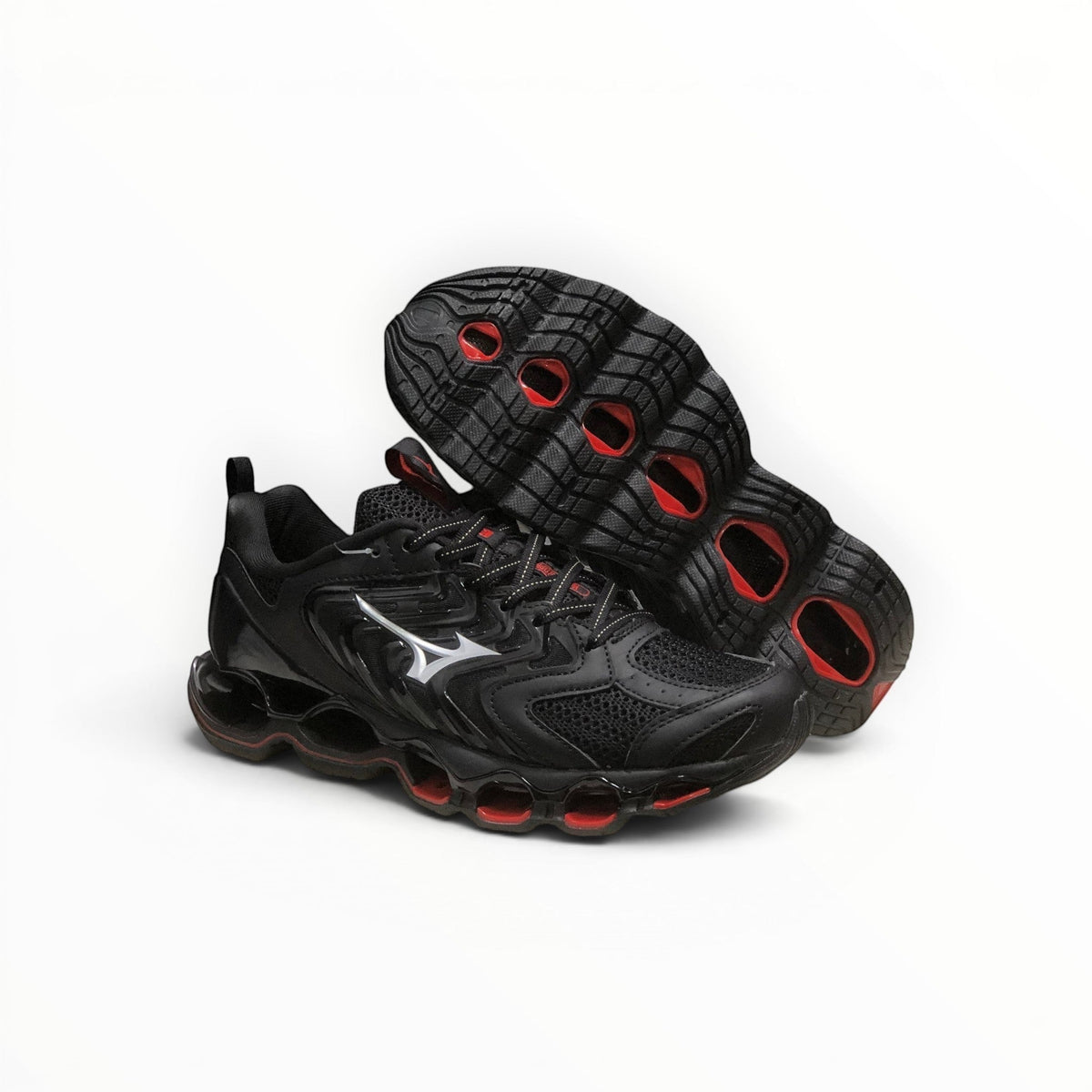 WSS Sports Shoes Mizuno Wave Prophecy 14S womens running shoes in triple black with Infinity Wave plate and mesh upper.