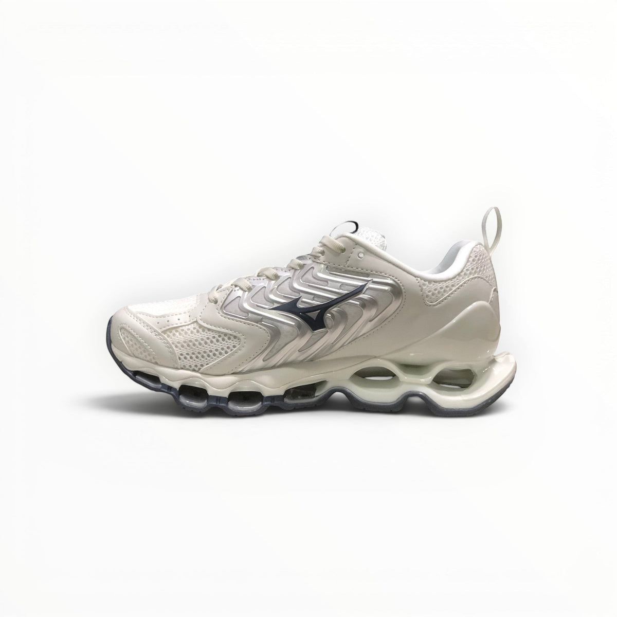 WSS Sports Shoes Mizuno Wave Prophecy 14S womens running shoe in white and grey with Infinity Wave plate technology.