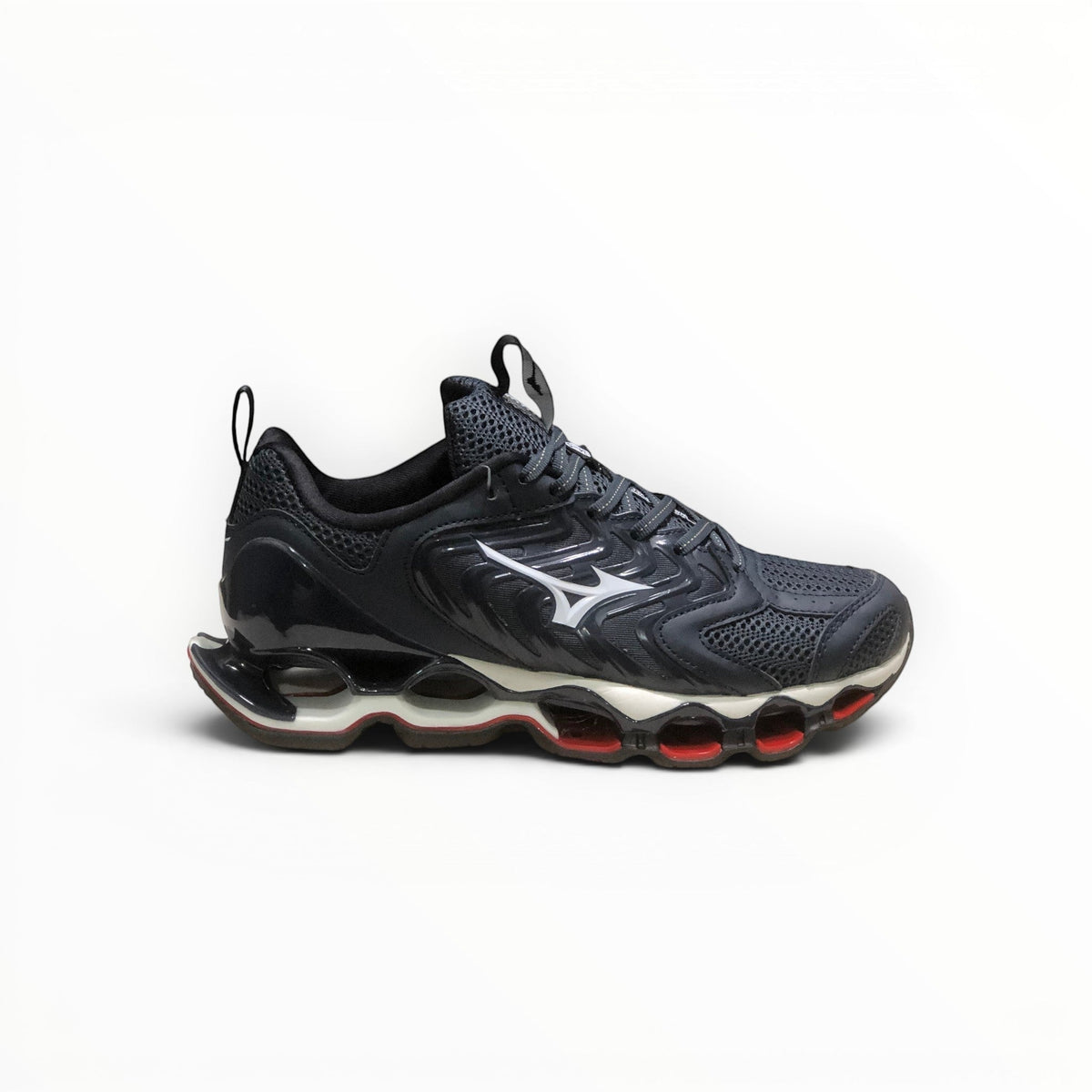 WSS Sports Shoes Mizuno Wave Prophecy 14S running shoe in black and blue with Infinity Wave plate and mesh upper.