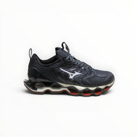 WSS Sports Shoes Mizuno Wave Prophecy 14S running shoe in black and blue with Infinity Wave plate and mesh upper.