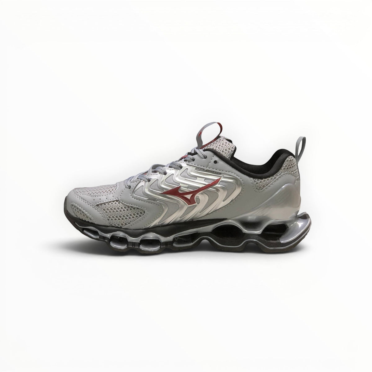 WSS Sports Shoes Mizuno Wave Prophecy 14S running shoe in white and red with signature Infinity Wave plate technology.