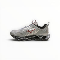 WSS Sports Shoes Mizuno Wave Prophecy 14S running shoe in white and red with signature Infinity Wave plate technology.