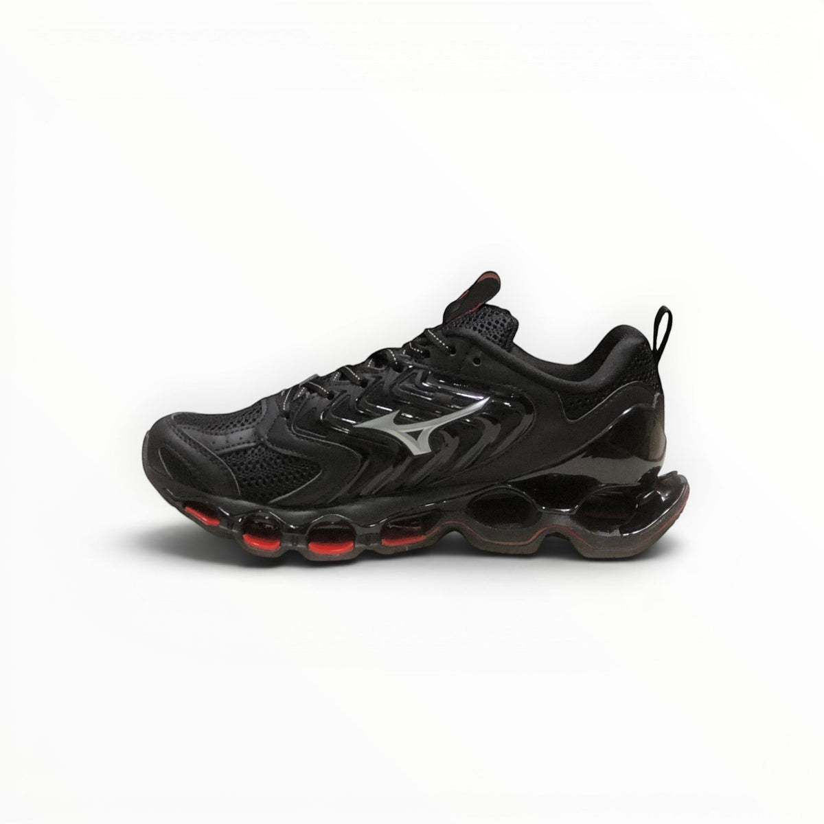 WSS Sports Shoes Mizuno Wave Prophecy 14S running shoes in triple black with signature Infinity Wave plate technology.