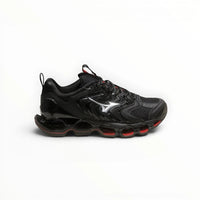 WSS Sports Shoes Mizuno Wave Prophecy 14S triple black running shoe with Infinity Wave plate and breathable mesh upper.