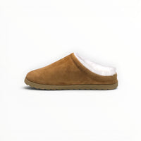 Alo Recovery Slipper women's suede mule in Saddle/Ivory, side view