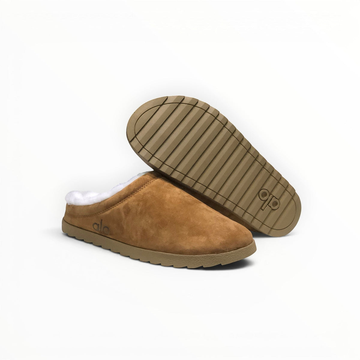 Alo Recovery Slipper women's suede mule in Saddle/Ivory, outsole view