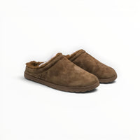 Alo Recovery Slipper women's suede mule in Espresso, three-quarter view