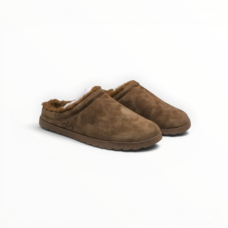 Alo Recovery Slipper women's suede mule in Espresso, three-quarter view