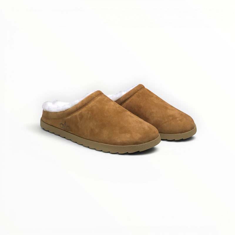 Alo Recovery Slipper men's suede mule in Saddle/Ivory, three-quarter view