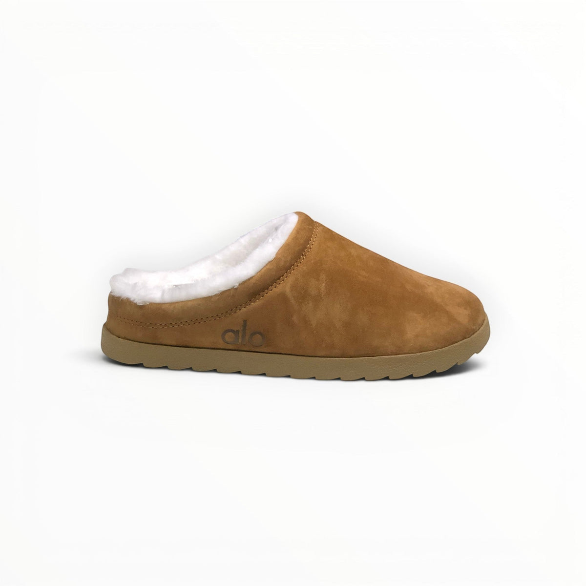 Alo Recovery Slipper men's suede mule in Saddle/Ivory, detail view