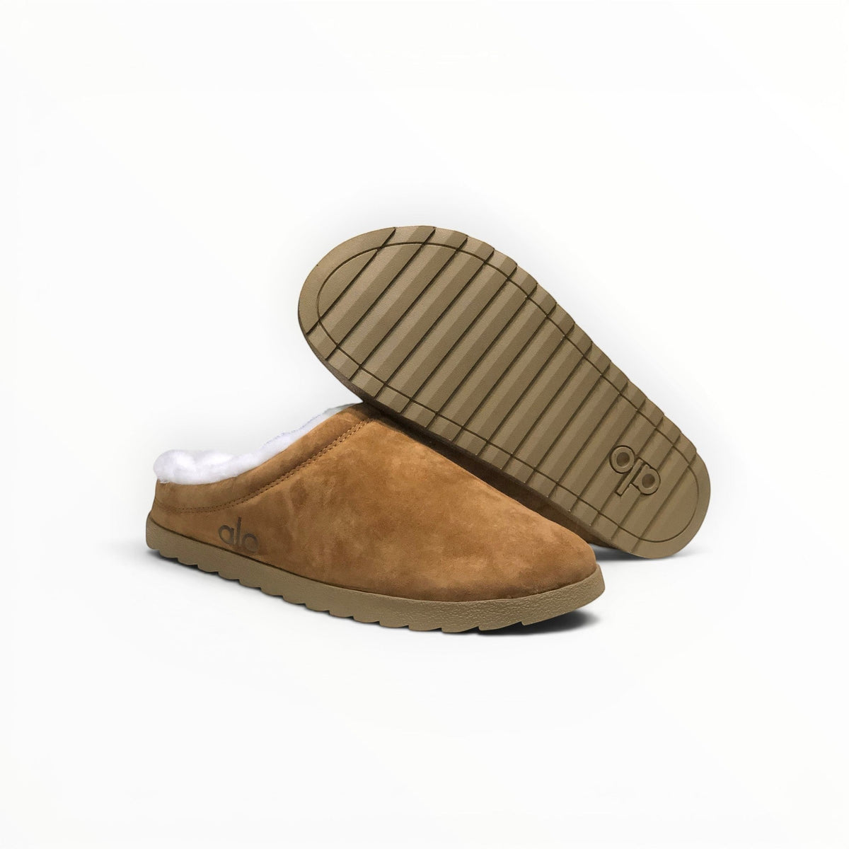 Alo Recovery Slipper men's suede mule in Saddle/Ivory, outsole view