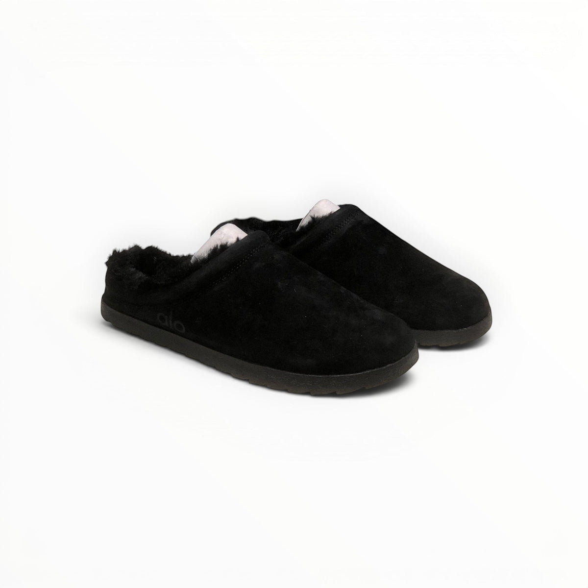 Alo Recovery Slipper men's suede mule in Black, three-quarter view