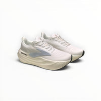 Brooks Glycerin Max women's running shoe in Pearlized White/Bay, pair angled side view