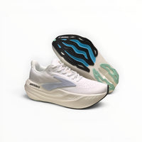 Brooks Glycerin Max women's running shoe in Pearlized White/Bay, pair with outsole view