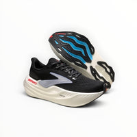 Brooks Glycerin Max women's running shoe in Black/Ebony/Winter Sky, pair with outsole view