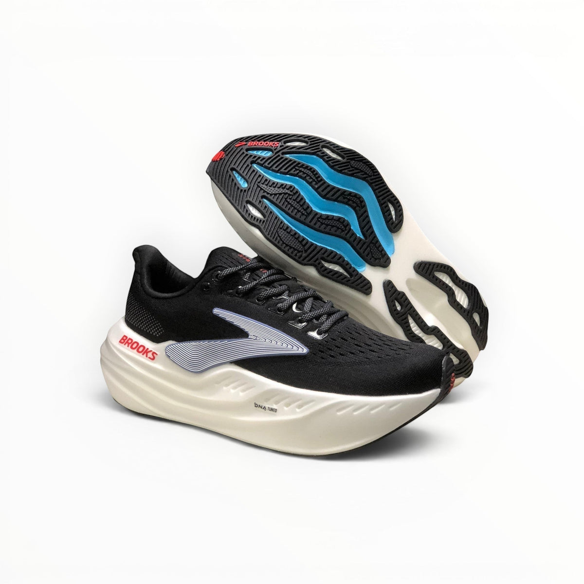 Brooks Glycerin Max men's running shoe in Black/Ebony/Winter Sky, pair with outsole view