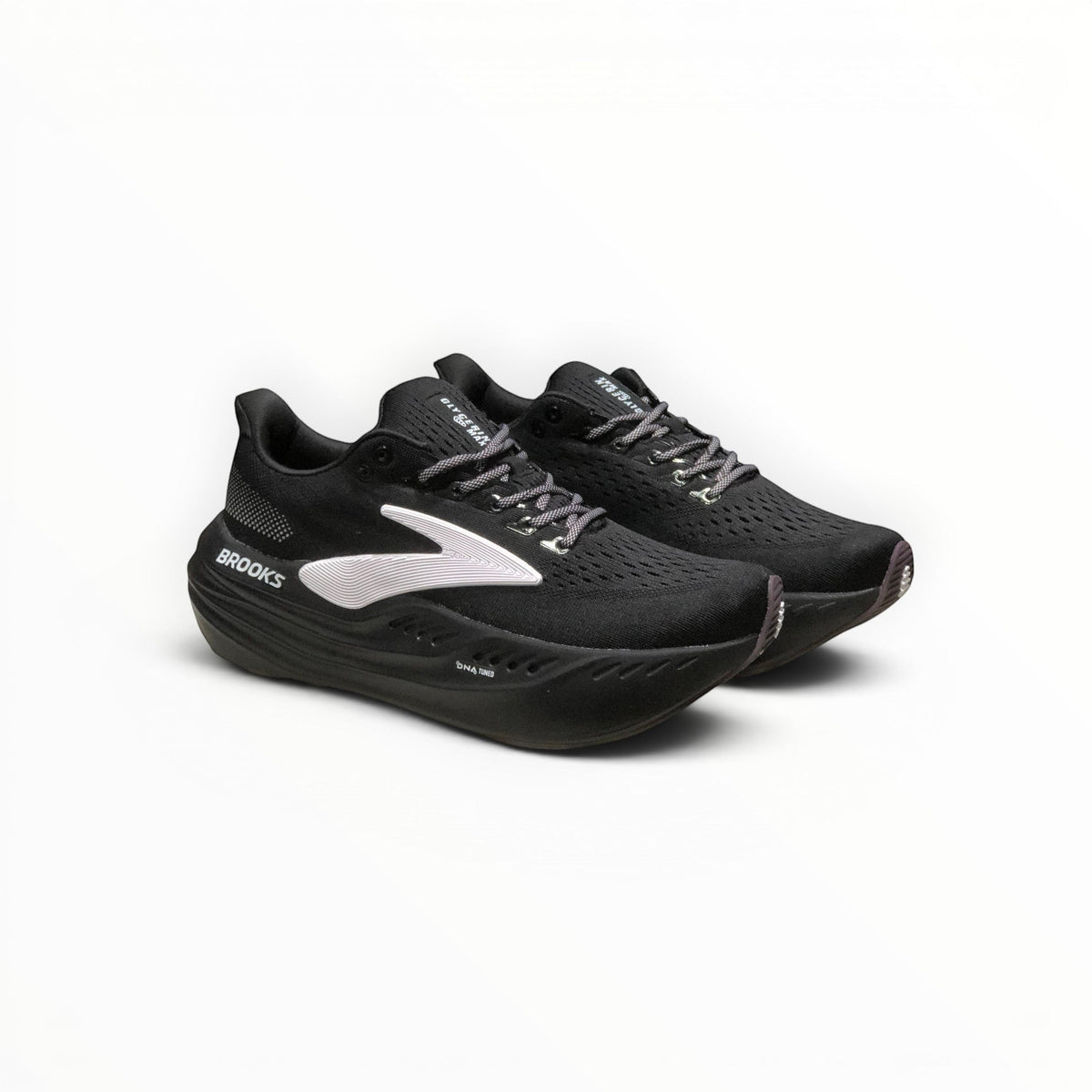 Brooks Glycerin Max men's running shoe in Black/Orchid Ice/Grey, pair angled side view