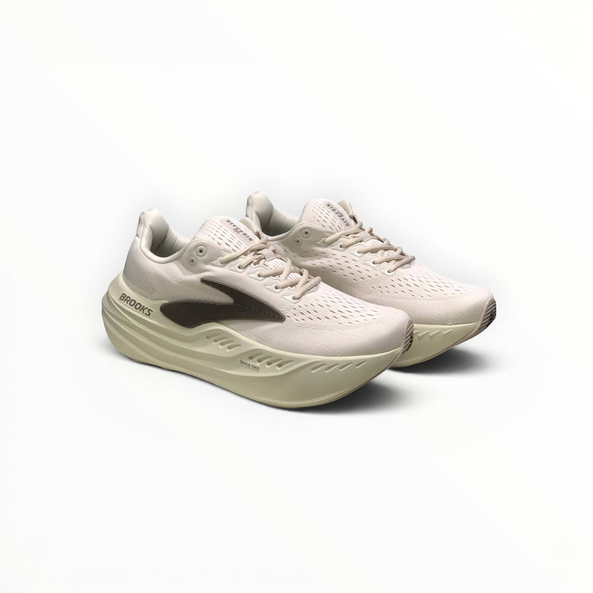 Brooks Glycerin Max men's running shoe in Almond Peach/London Fog/White, pair angled side view