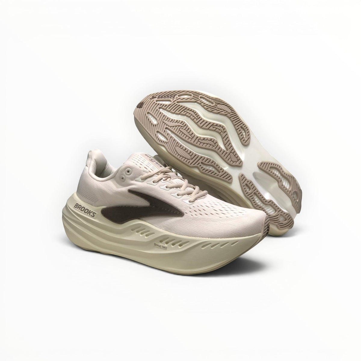 Brooks Glycerin Max men's running shoe in Almond Peach/London Fog/White, pair with outsole view
