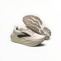 Brooks Glycerin Max men's running shoe in Almond Peach/London Fog/White, pair with outsole view
