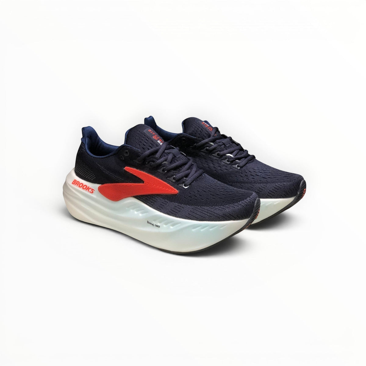 Brooks Glycerin Max men's running shoe in Peacoat/Blue Ribbon/Hot Coral, pair angled side view