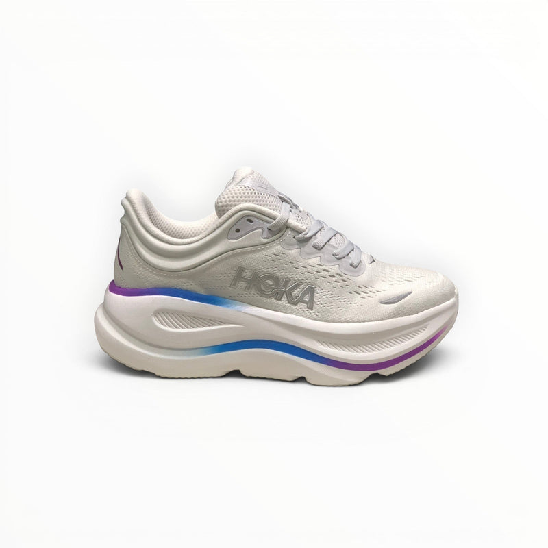 Hoka Bondi 9 women's running shoe in Cosmic Grey/White, three-quarter view
