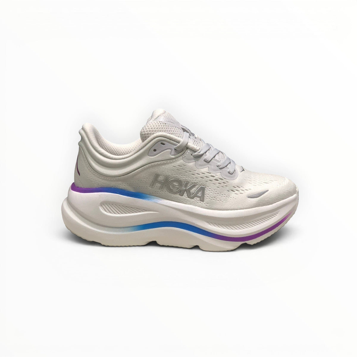 Hoka Bondi 9 women's running shoe in Cosmic Grey/White, alternate side view