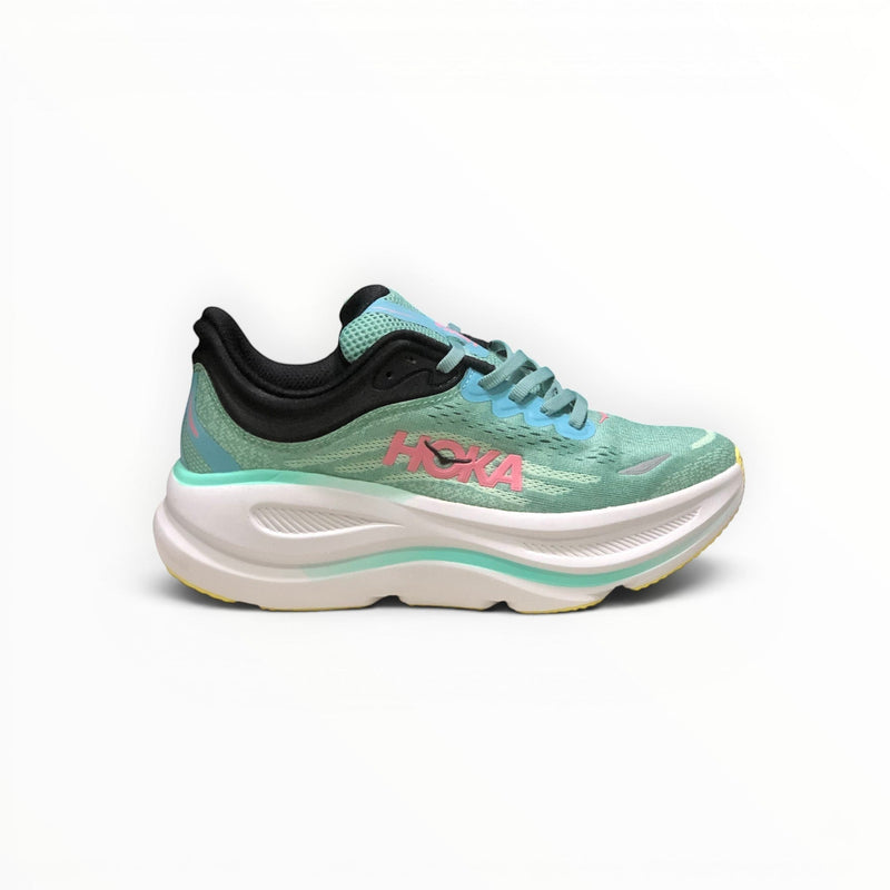Hoka Bondi 9 women's running shoe in Blue Spark/Mint Fluorite, three-quarter view