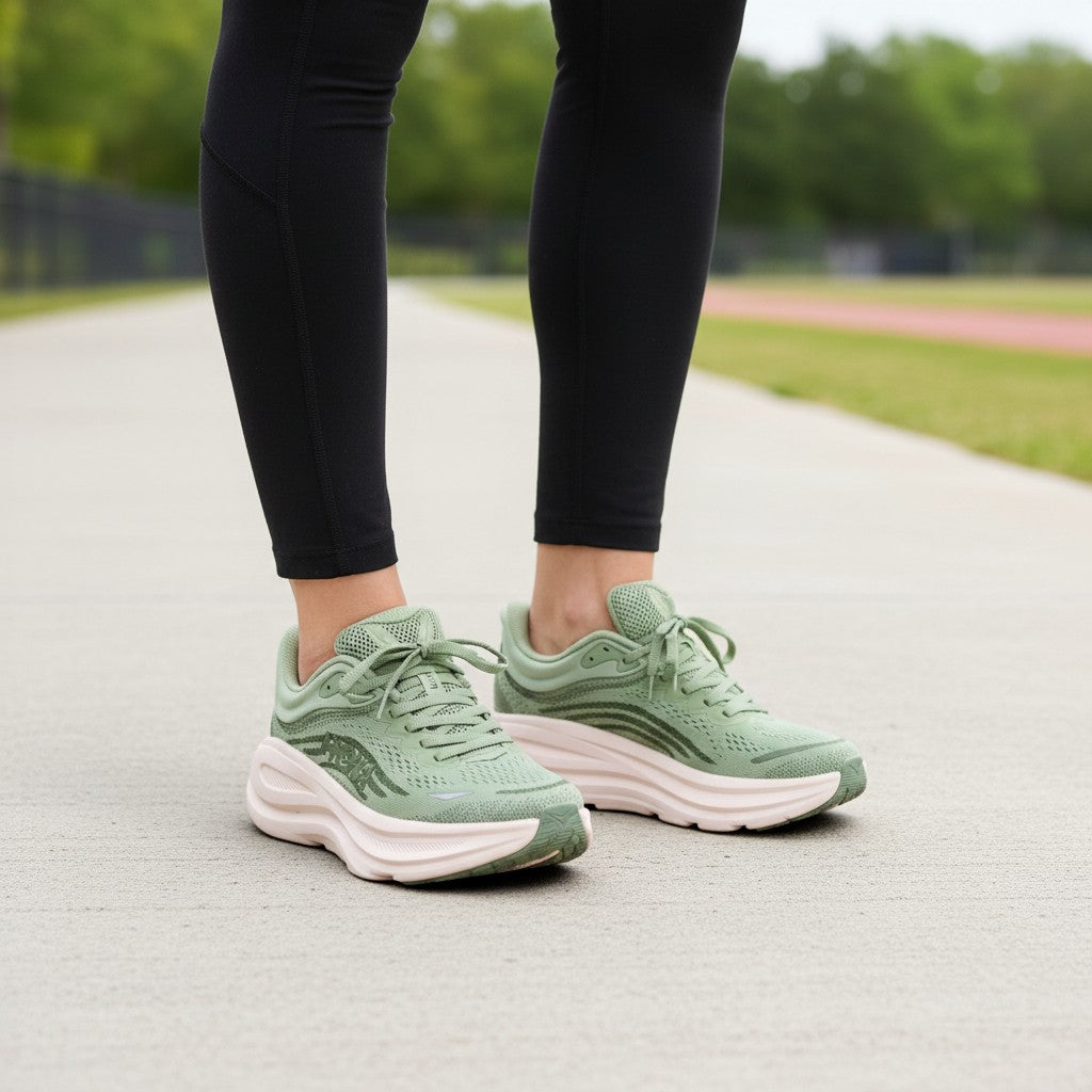 Hoka Bondi 9 women's running shoe in Sea Moss/Eucalyptus, on-foot view