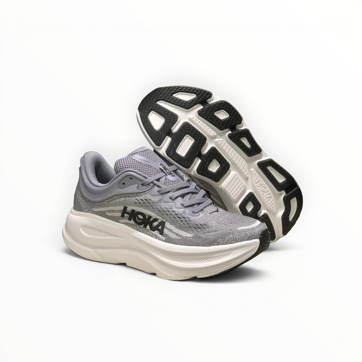 Hoka Bondi 9 women's running shoe in Galactic Grey/Stellar Grey, side view