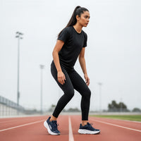 Hoka Bondi 9 women's running shoe in Midnight Blue/Varsity Navy, on-foot view