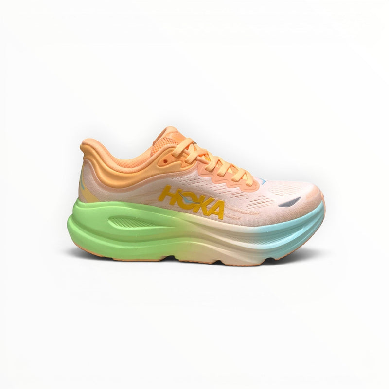 Hoka Bondi 9 women's running shoe in Stardust/Outer Orbit, three-quarter view