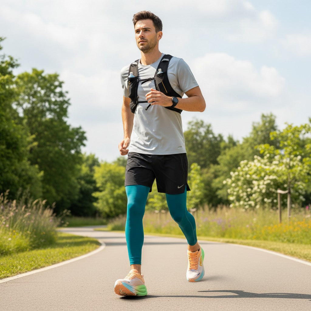 Hoka Bondi 9 men's running shoe in Stardust/Outer Orbit, on-foot view