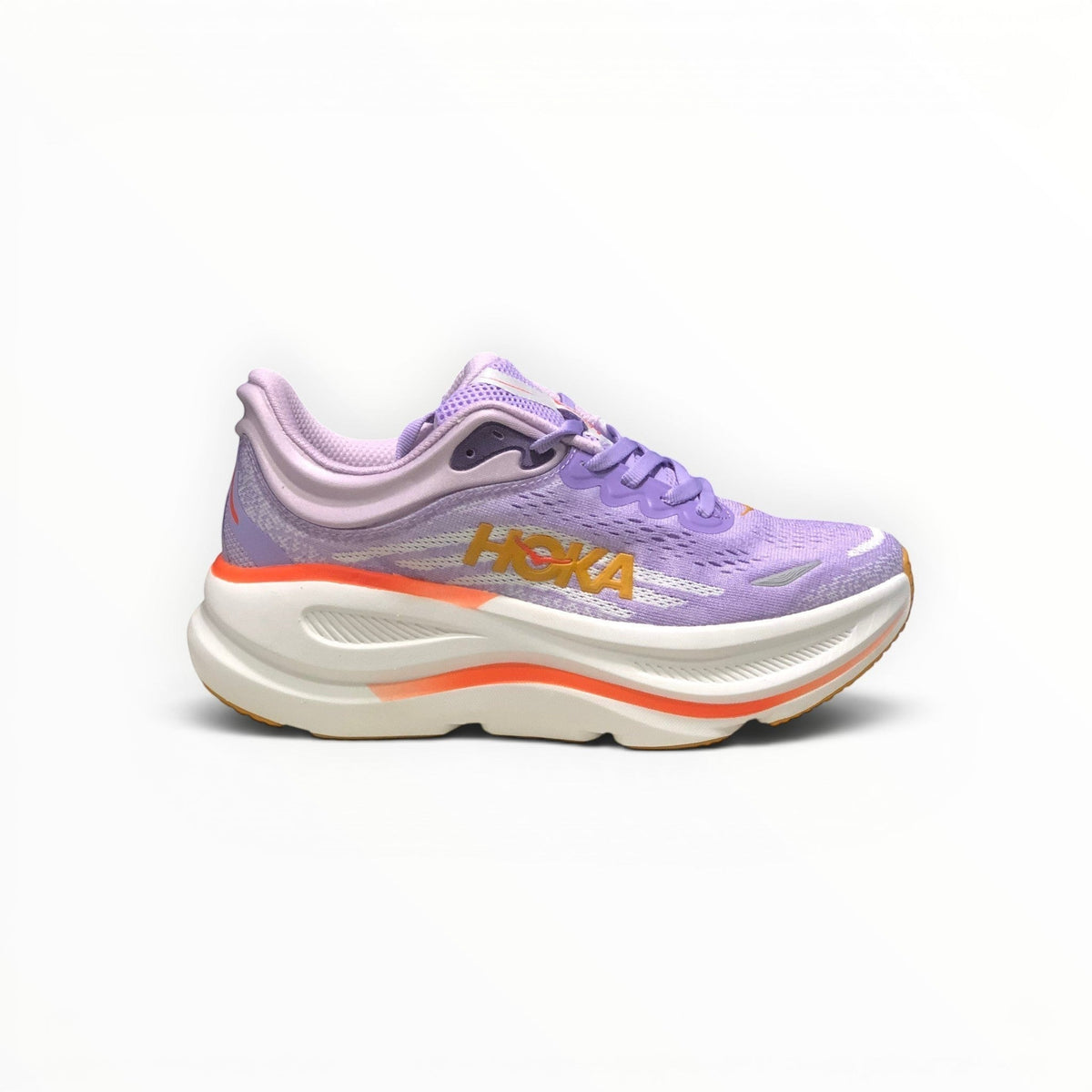 Hoka Bondi 9 men's running shoe in Aster Flower/Starlight Glow, three-quarter view