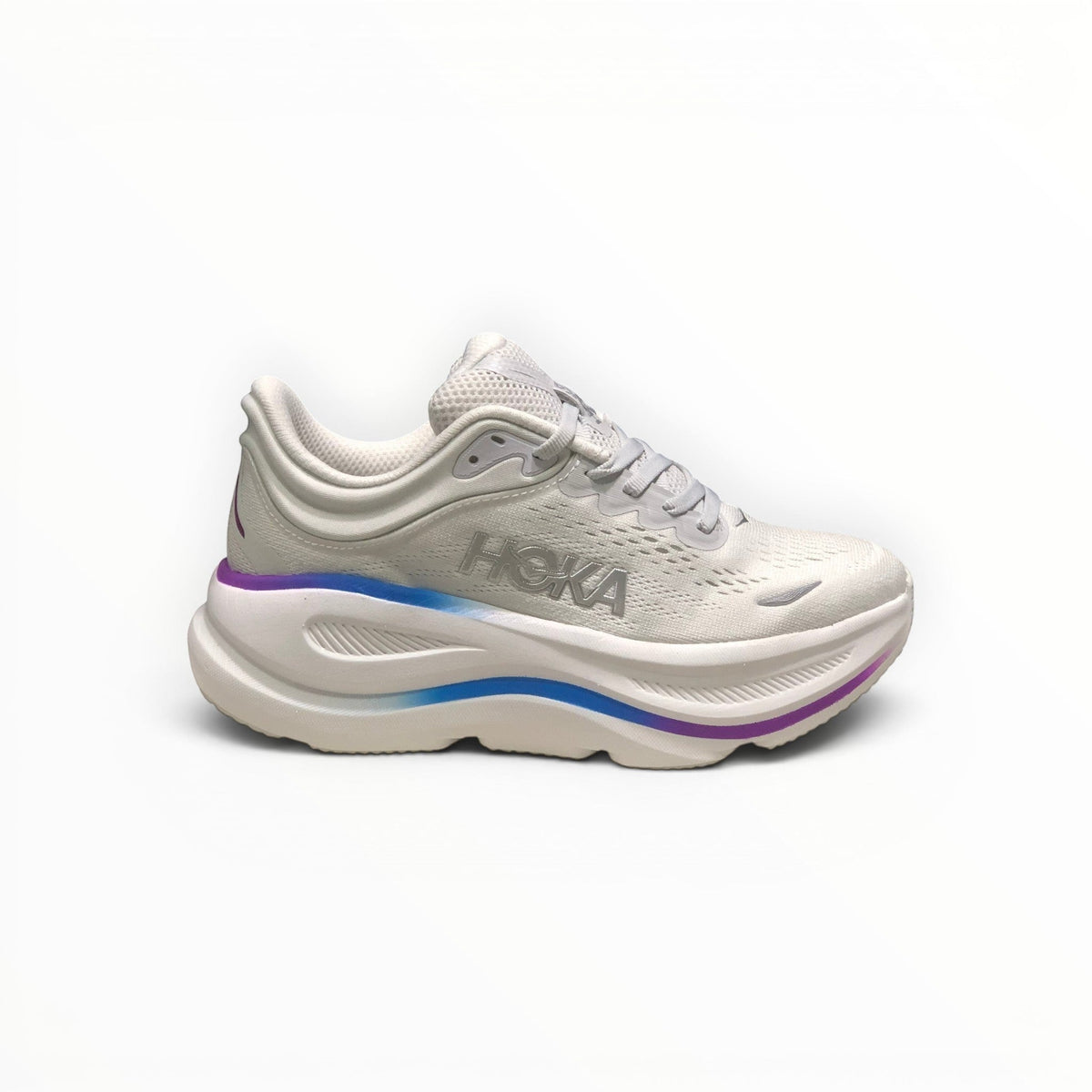 Hoka Bondi 9 men's running shoe in Cosmic Grey/White, three-quarter view