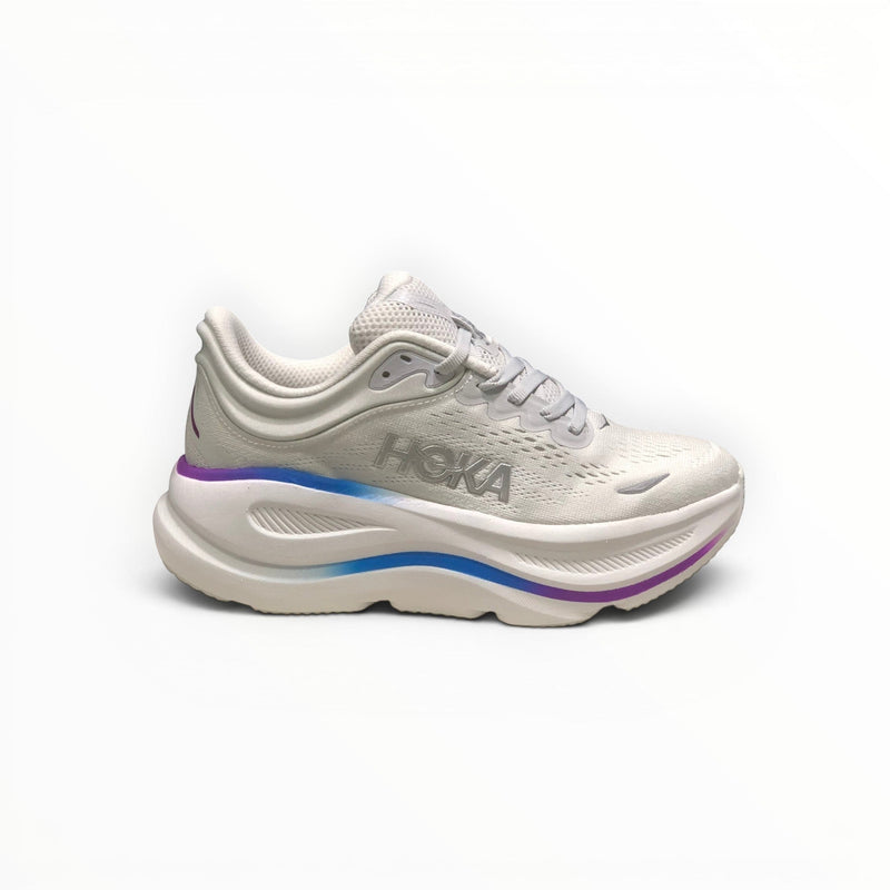 Hoka Bondi 9 men's running shoe in Cosmic Grey/White, three-quarter view