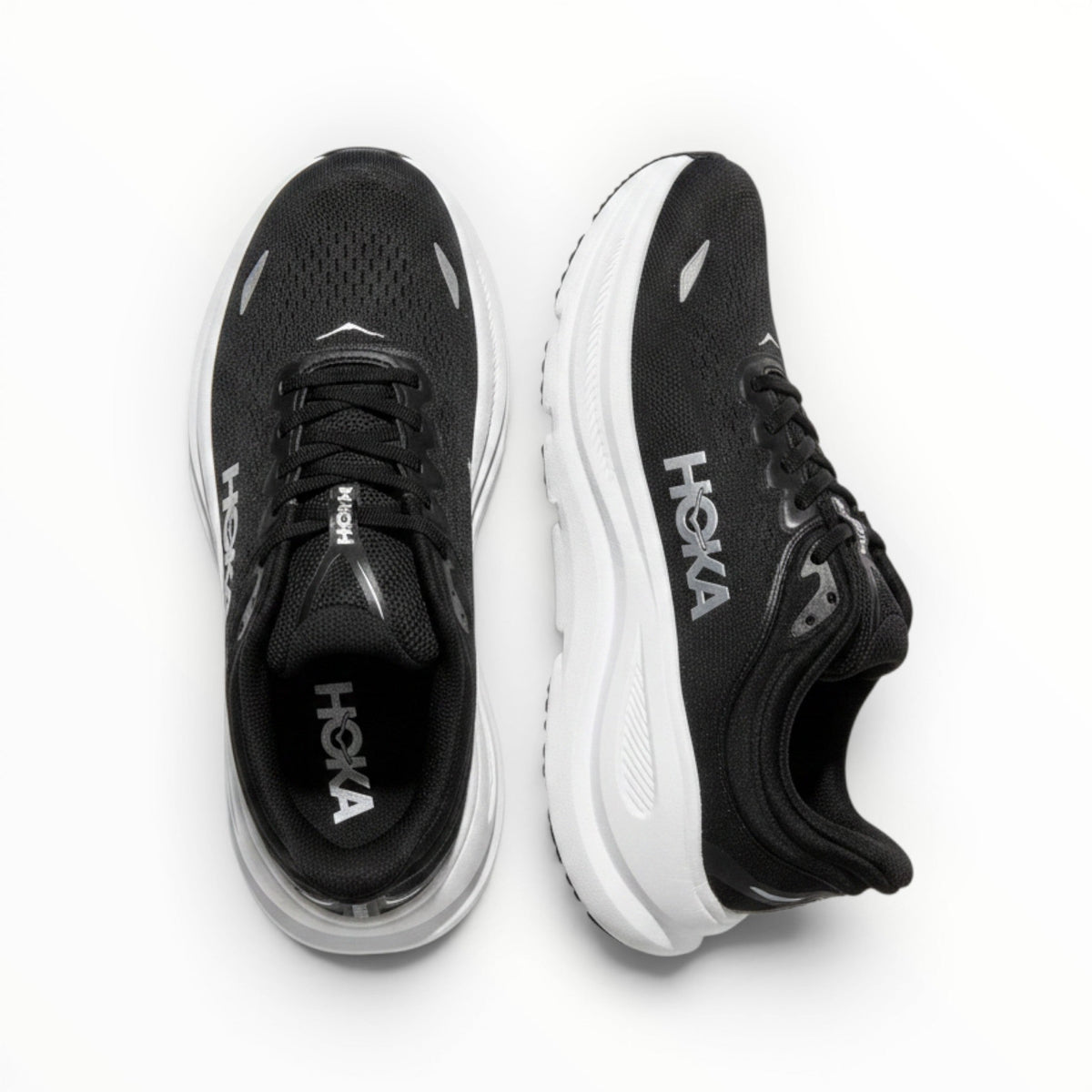 Hoka Bondi 9 men's running shoe in Black/White, top view